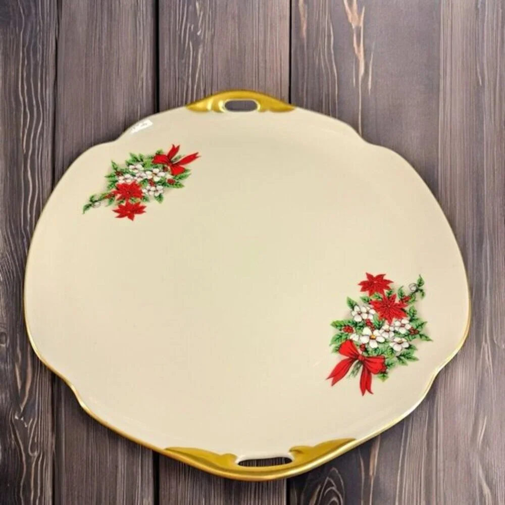 Pickard China Hand Decorated Poinsettia Plate Platter Porcelain USA Holiday VTG‎